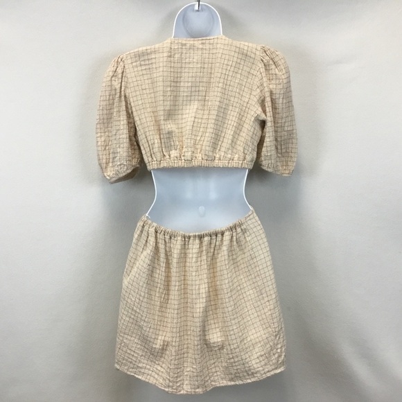 Zara Bow Front Cut Out Puff Sleeve Dress Tan - Picture 2 of 9